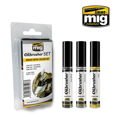MIG Ammo 3 Piece Oilbrusher Set Bright Metal